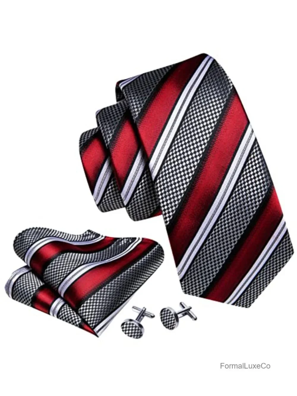 Men's Silk Polyester Tie Set with Pocket Square & Cufflinks, Formal Accessories